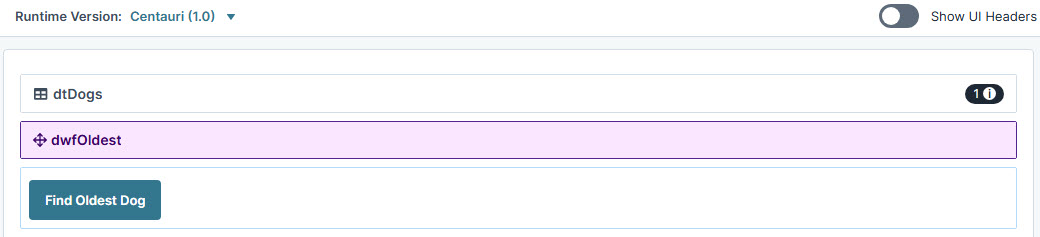 A static image displaying the UDesigner Module Interface displaying a database query to find the oldest dog in a dataset.