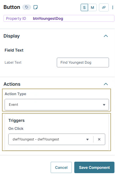 A static image displaying the Button labeled 'Find Youngest Dog' with action triggers for event handling.