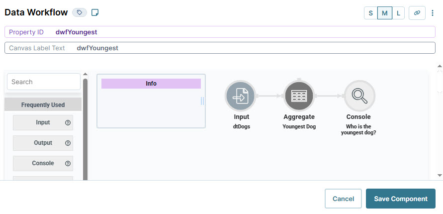 A static image displaying the Data workflow configuration showing property ID and console for youngest dog query.