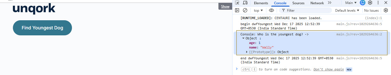 A static image displaying the DevTools Console output showing the youngest dog named Wally with age information.