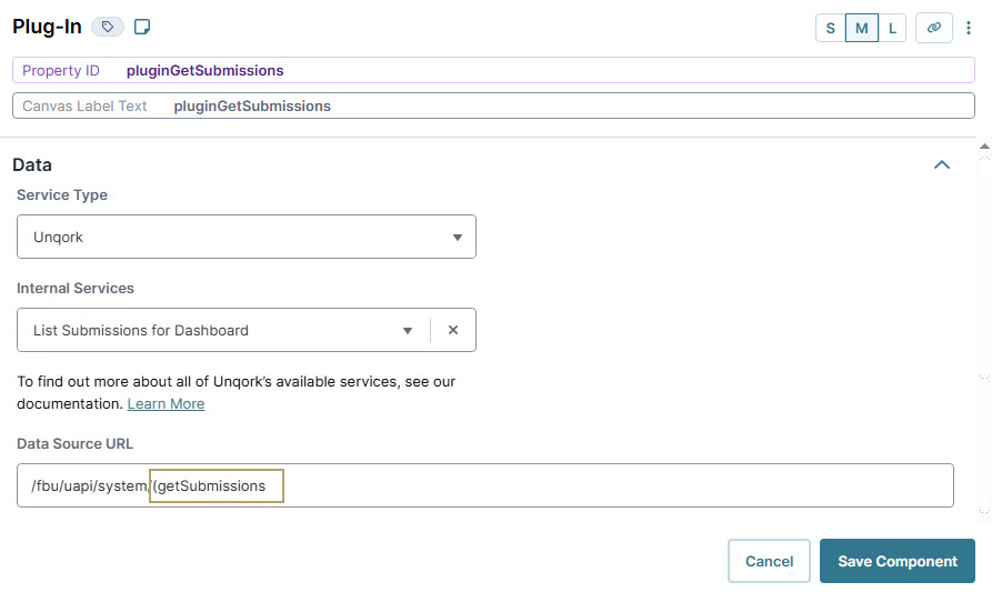 A static image displaying the Unqork plugin configuration interface showing service type and data source URL fields.