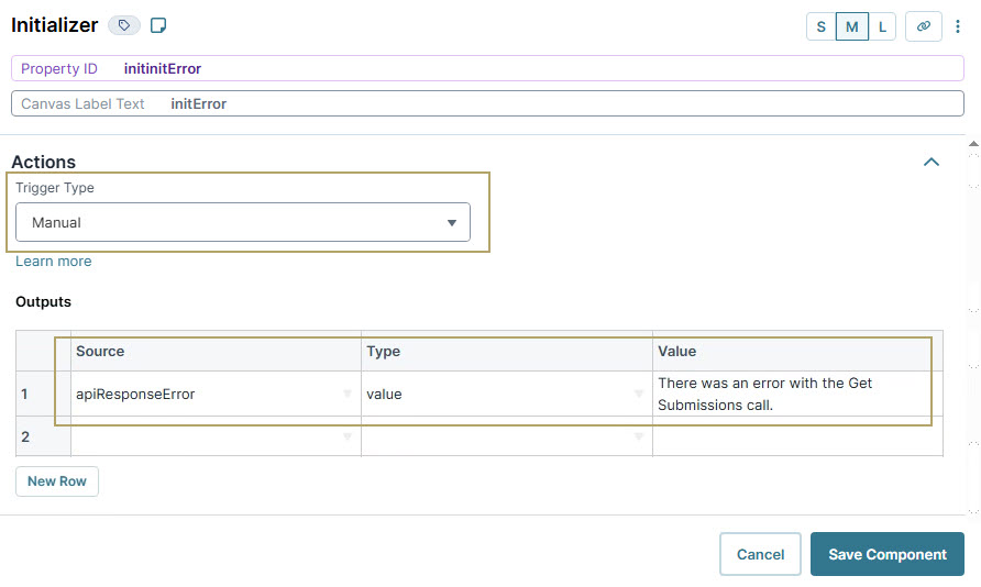 A static image displaying the manual trigger type with error message for API response in the initializer component.