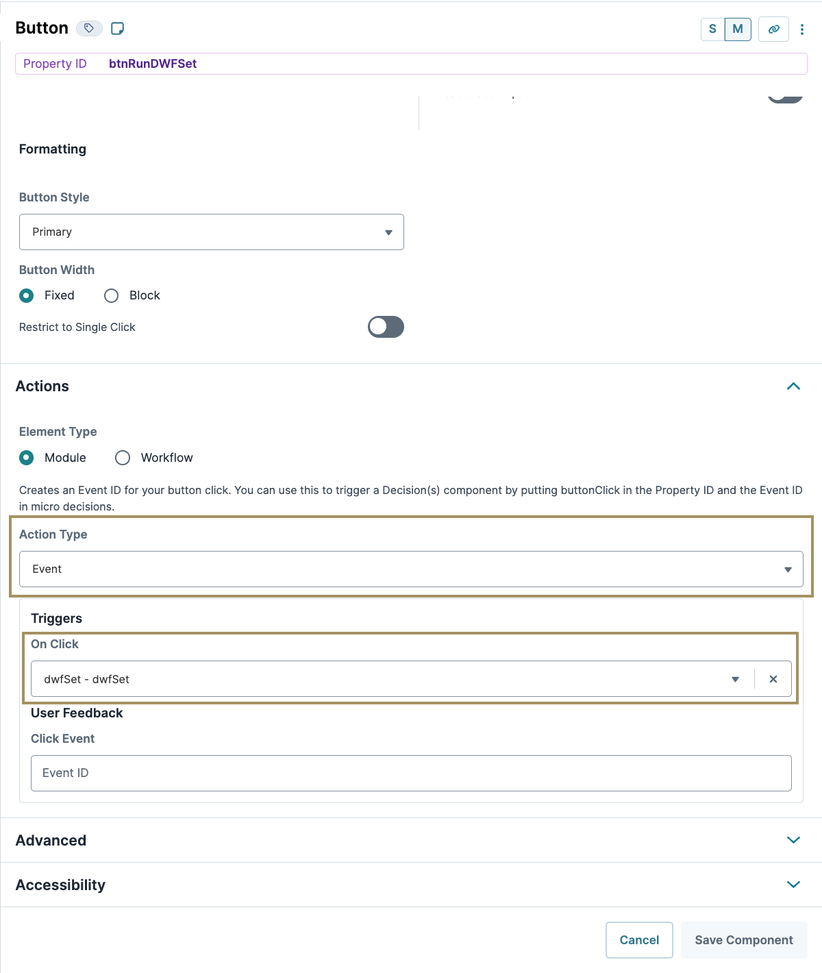 Button configuration settings for triggering events in a workflow module.