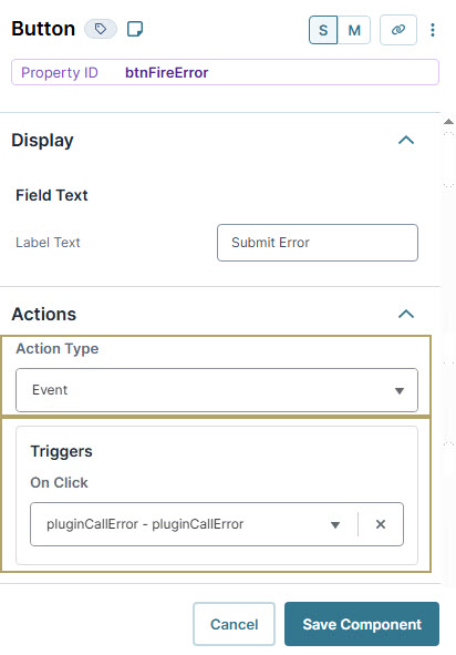 A static image displaying the Button configuration showing action type and triggers for error submission.