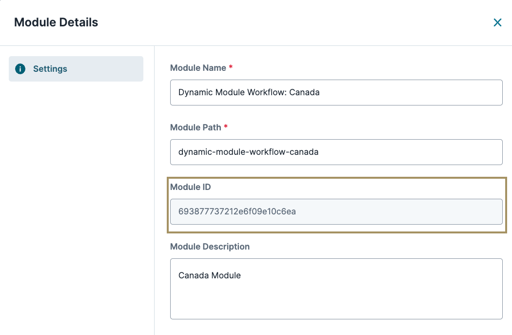 Module details for Dynamic Module Workflow: Canada, including ID and description.