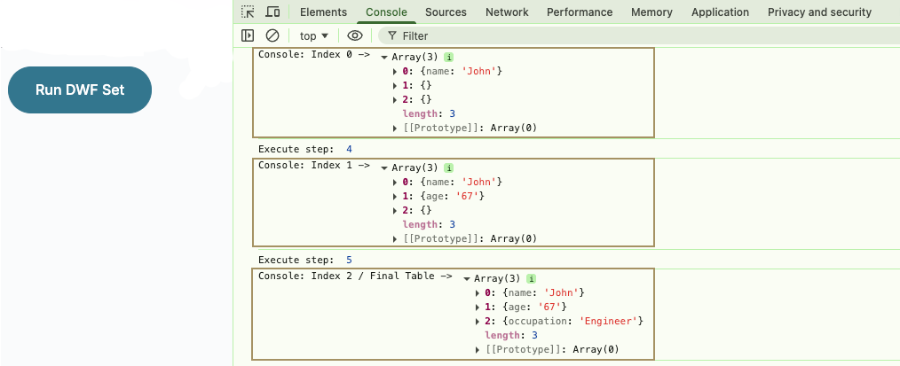 JavaScript console displaying arrays with user data and execution steps.