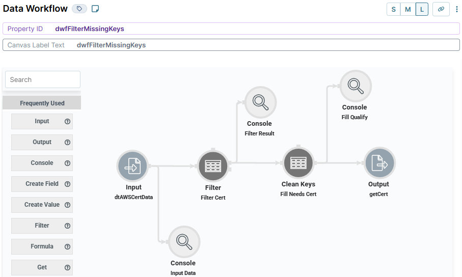 A static image displaying the configuration of the dwfFilterMissingKeys Data Workflow.