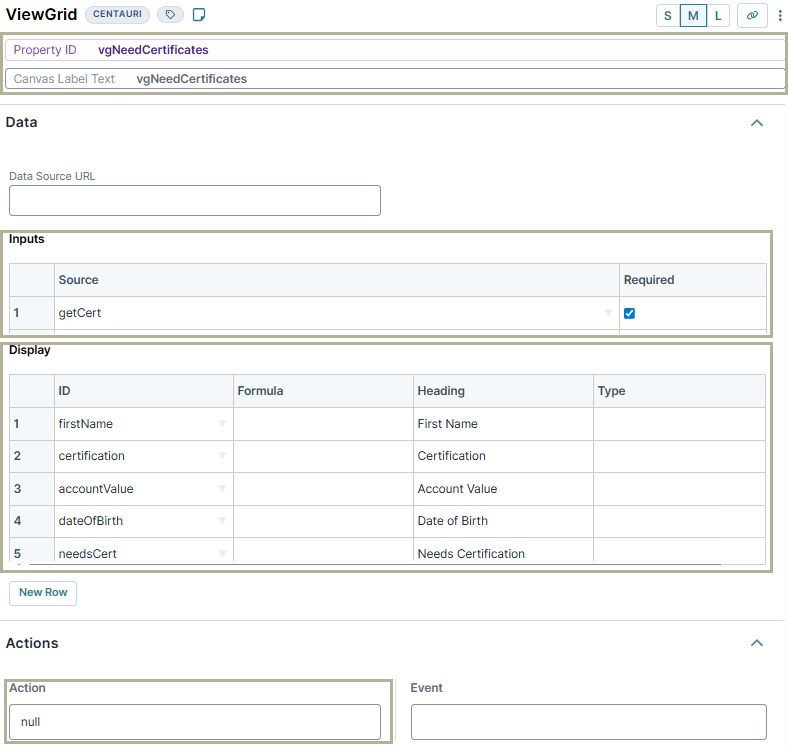 A static image displaying the configuration of the vgNeedCertificates ViewGrid component.