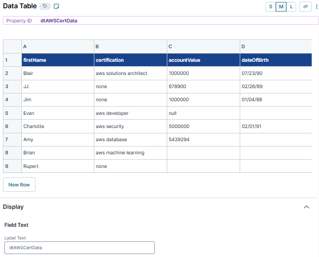 A static image displaying the configuration of the dtAWSCertData Data Table.