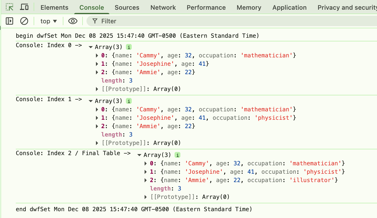 Console output displaying arrays of names, ages, and occupations of individuals.