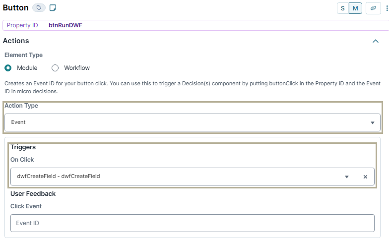 A static image displaying the configuration of the btnRunDWF Data Workflow component in UDesigner.