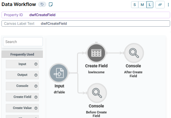 A static image displaying the configuration of the dwfCreateField Data Workflow component in UDesigner.