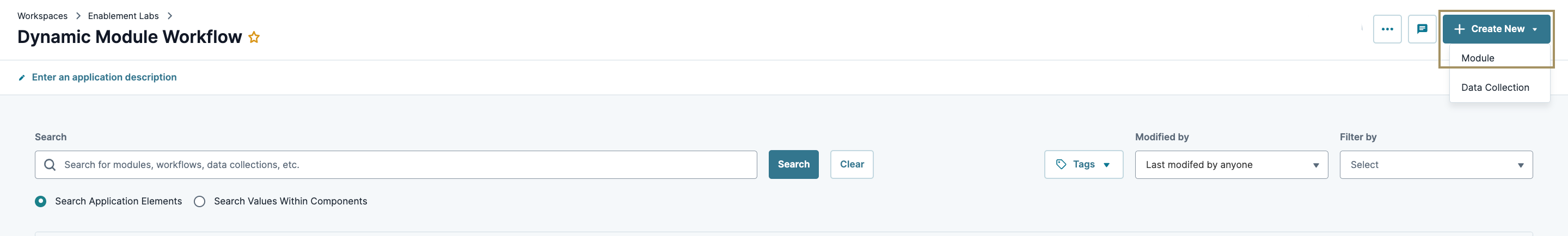 Dynamic Module Workflow interface showing search options and creation features for applications.
