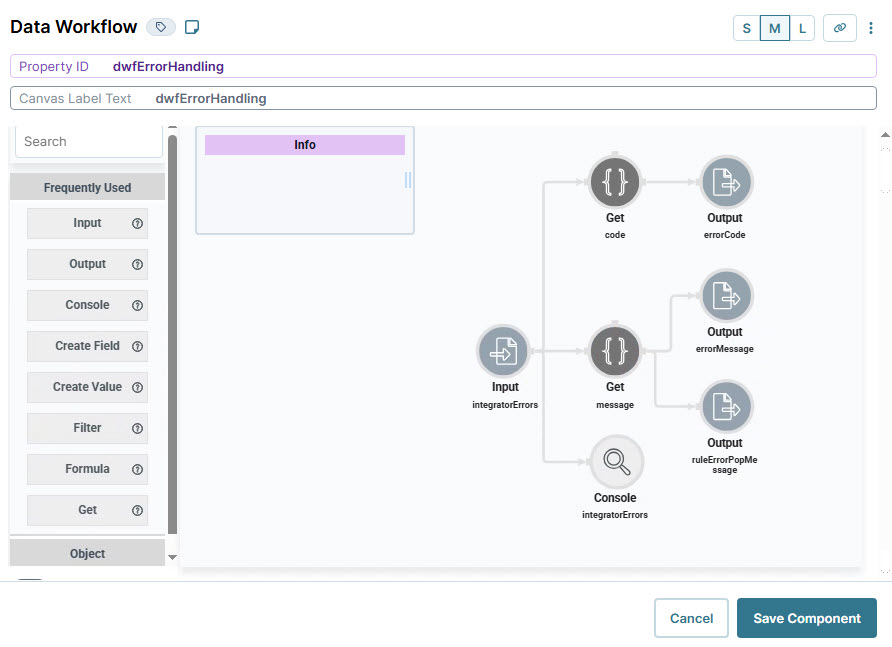 A static image displaying the Data workflow diagram showing error handling with inputs and outputs for messages and codes.