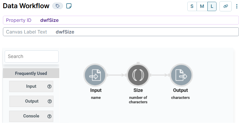 A static image displaying the configuration of the dwfSize Data Workflow in the UDesigner.