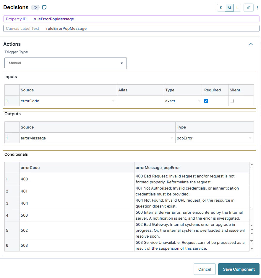 A static image displaying the Decision rules for error codes and corresponding messages in a software interface.