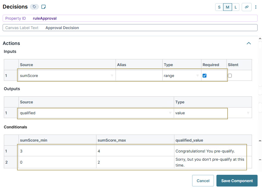A static image displaying the Decision-making interface showing input, output, and conditional ranges for approval process.