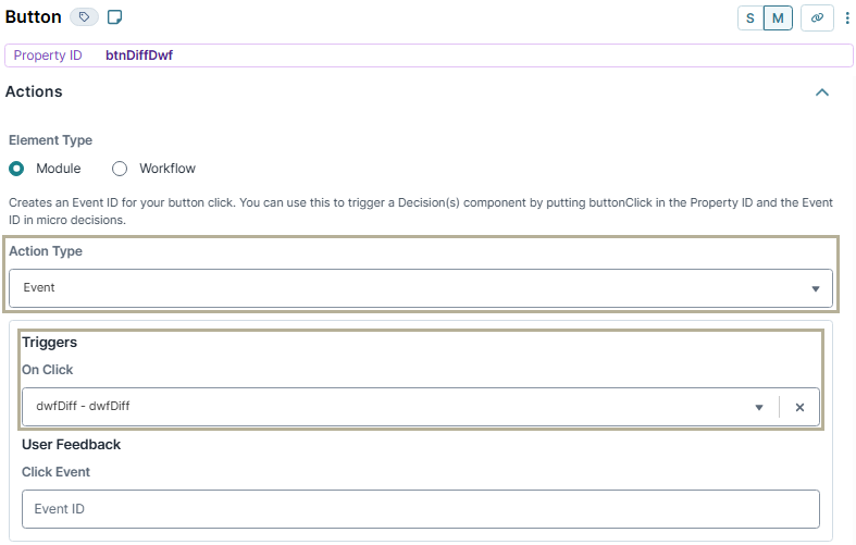 A static image displaying the configuration of the btnDiffDwf Buttons component in the UDesigner.