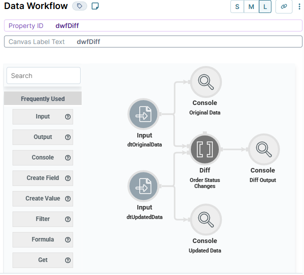A static image displaying the configuration of the dwfDiff Data Workflow.