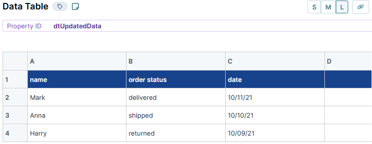 A static image displaying the configuration of the dtUpdatedData Data Table component in the UDesigner.