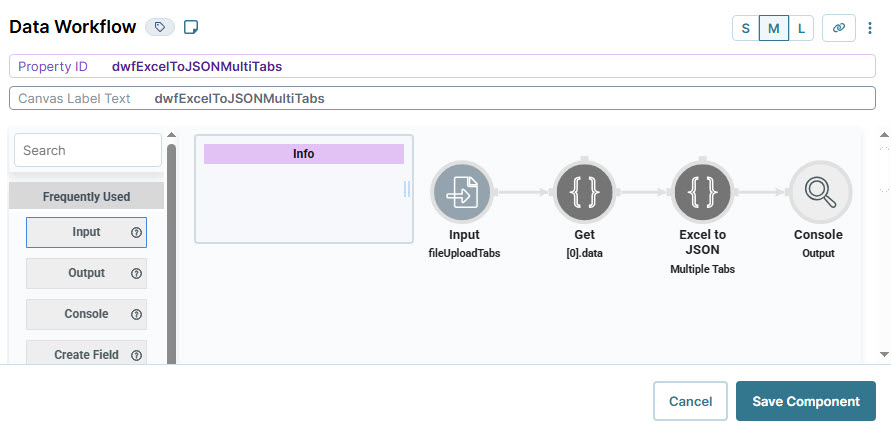A static image displaying the Data workflow configuration showing input, output, and conversion steps for Excel to JSON.