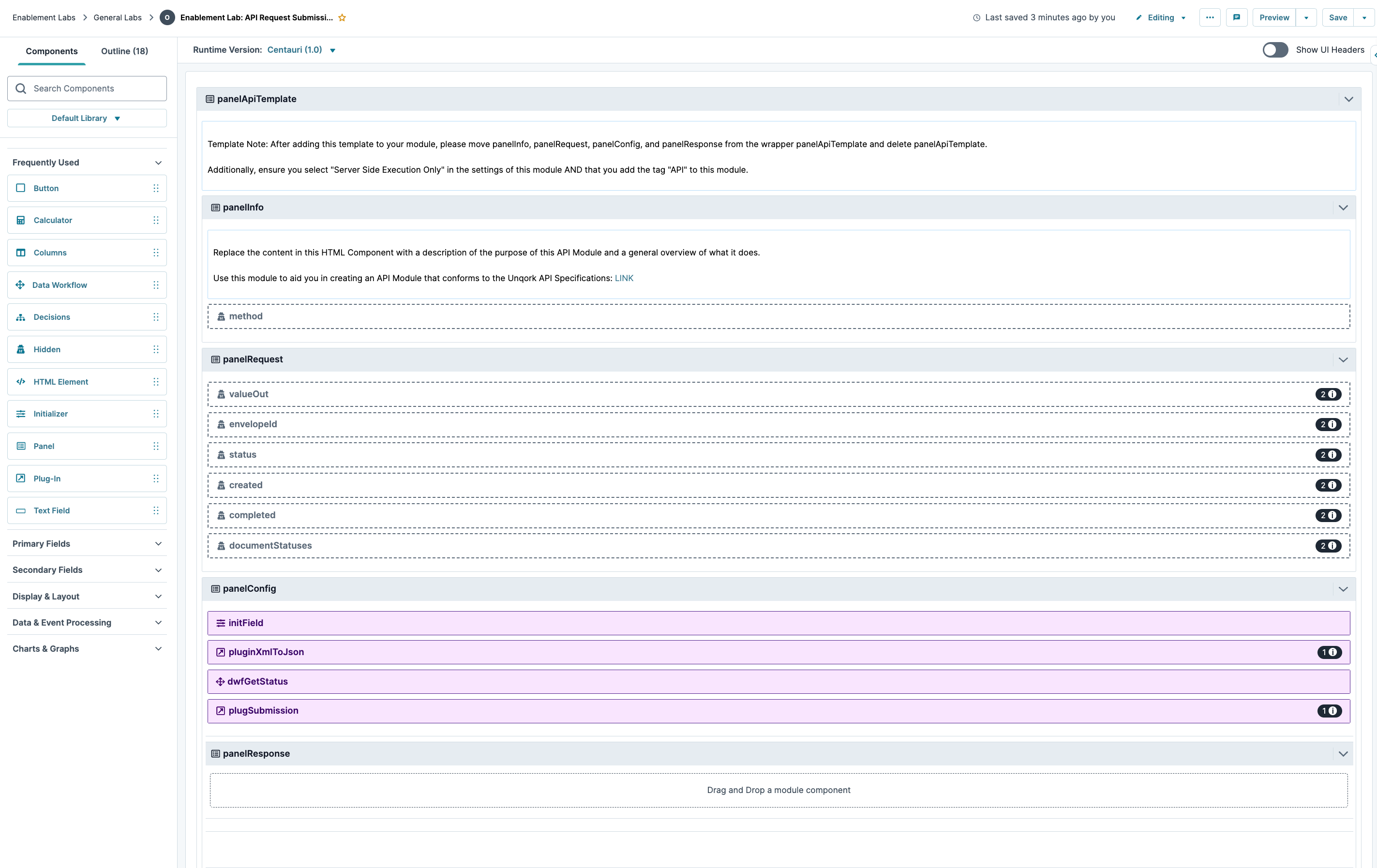 API request module layout with components and configuration details for integration.