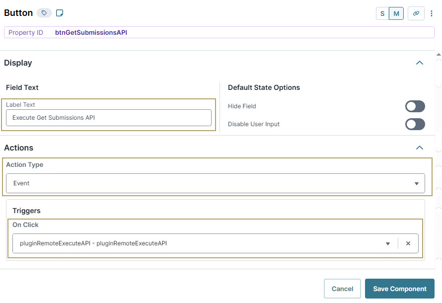 A static image displaying the Button configuration for executing the Get Submissions API with action triggers.