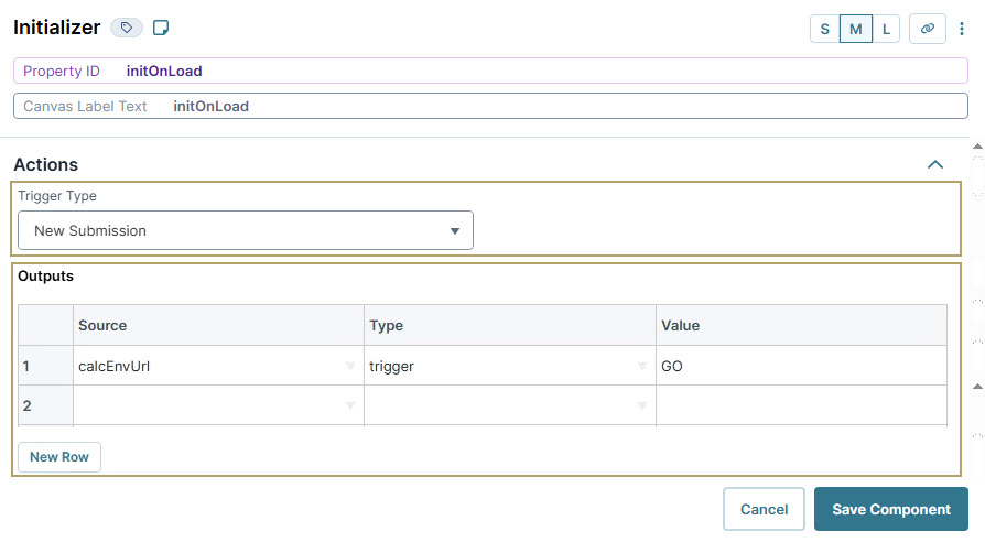 A static image displaying the Initializer configuration for a component with trigger type and output values displayed.