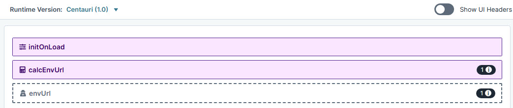 A static image displaying the module builder  configuration showing functions initOnLoad, calcEnvUrl, and envUrl in a UI interface.