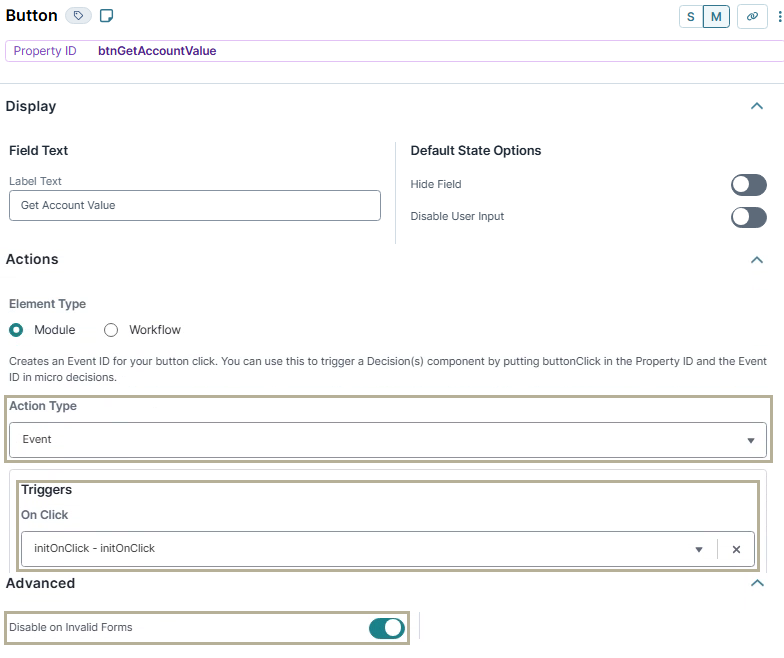 A static image displaying the configuration of the btnGetAccountValue Button component in UDesigner.