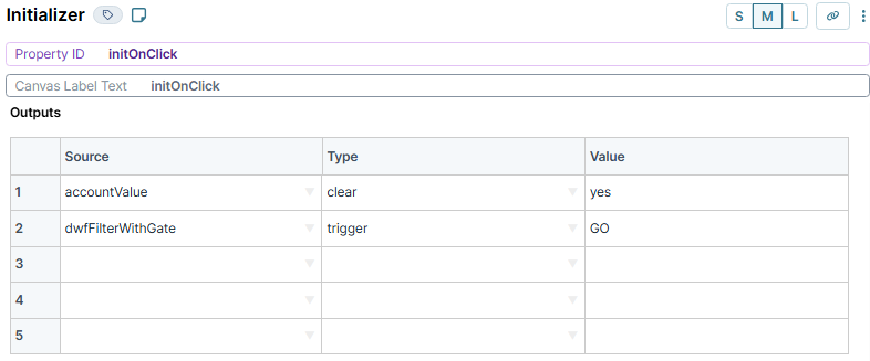 A static image displaying the configuration of the initOnClick Initializer component in UDesigner.