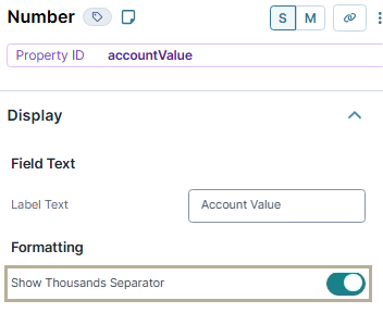 A static image displaying the configuration of the accountValue Number component in the UDesigner.