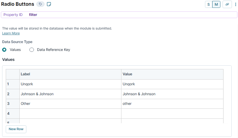A static image displaying the configuration of the filter Radio Buttons component in UDesigner.