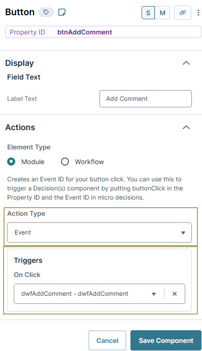 A static image displaying the Button configuration for adding comments with event triggers and action types displayed.