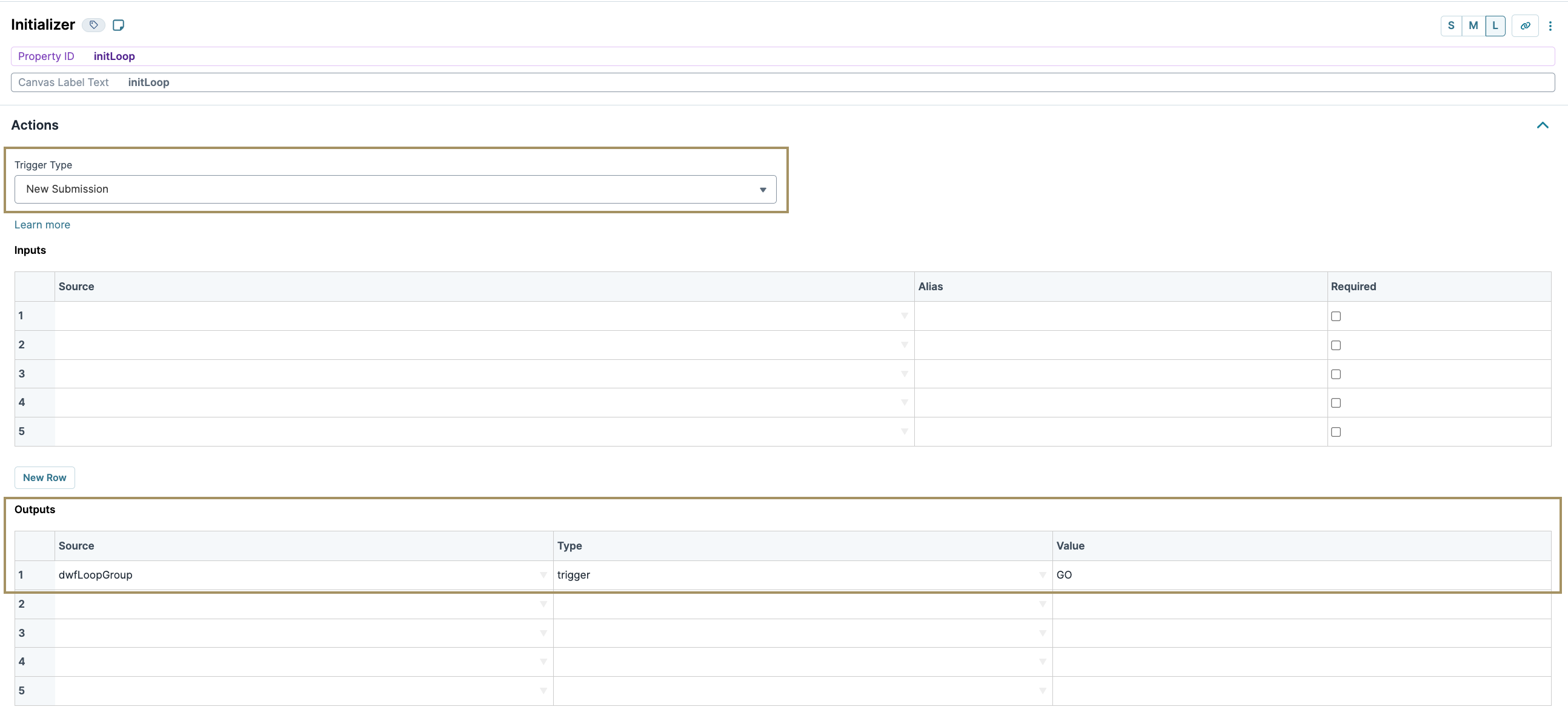Interface displaying input and output fields for a new submission trigger setup.