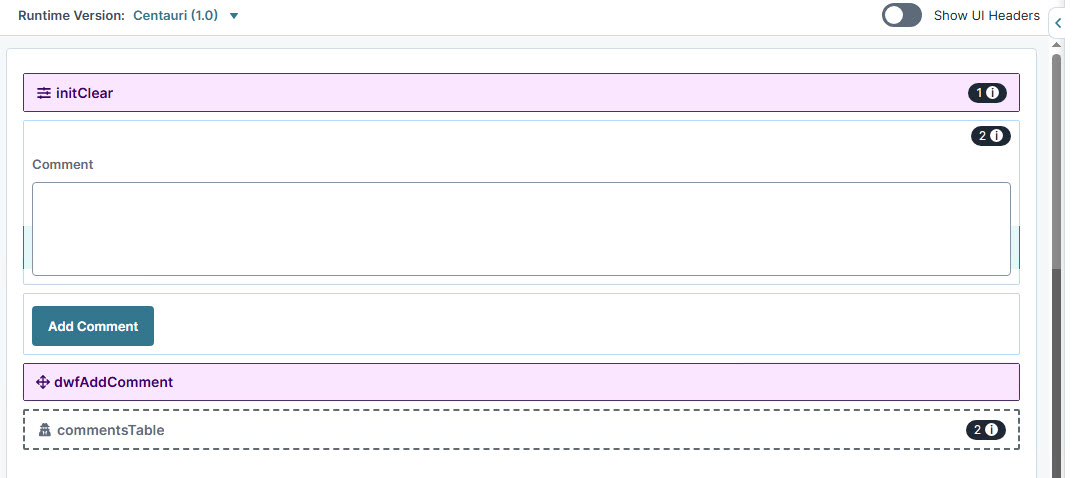 A static image displaying the Module Builder configuration with comment section and buttons for adding comments.
