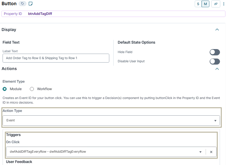 A static image displaying the configuration of the btnAddTagDiff Button component in UDesigner.