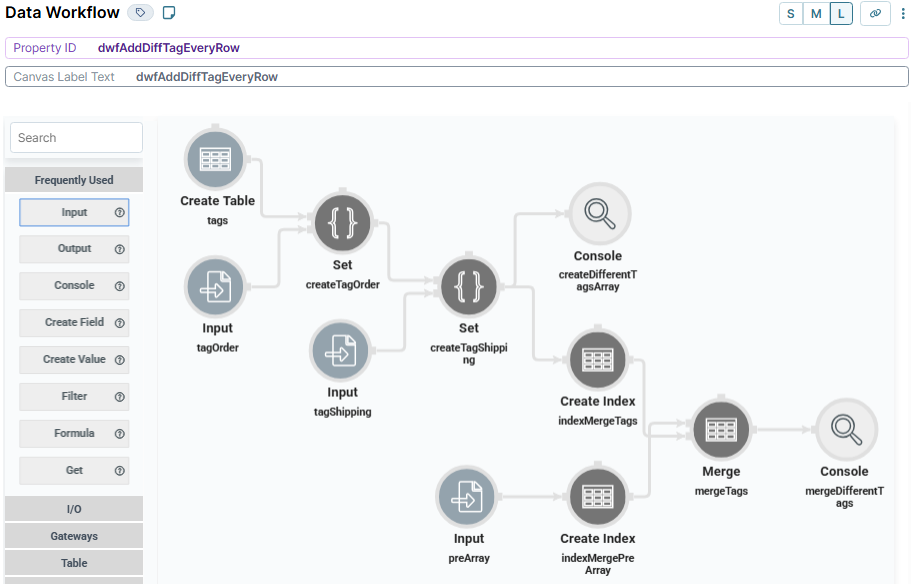 A static image displaying the configuration of the dwfAddDiffTagEveryRow Data Workflow component in UDesigner.