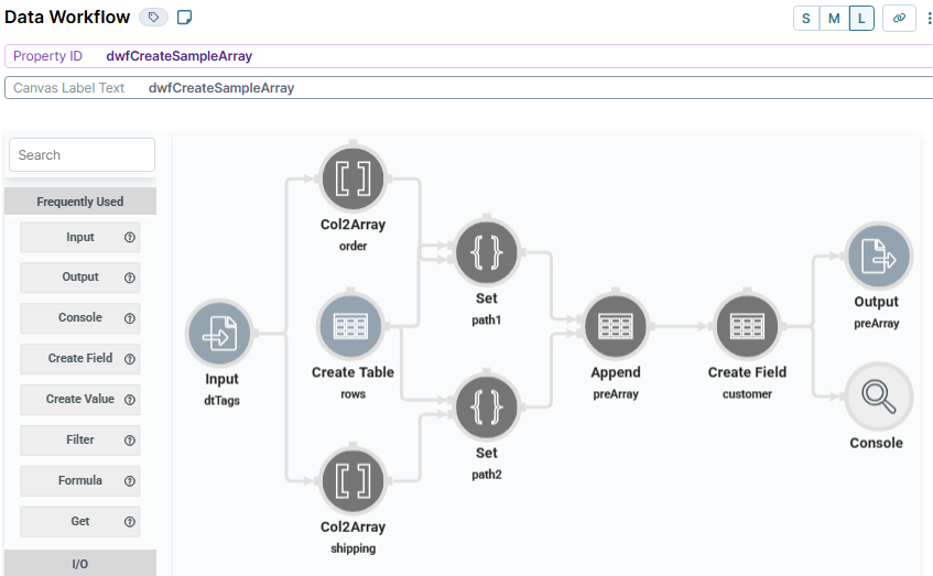 A static image displaying the configuration of the dwfCreateSampleArray Data Workflow component in UDesigner.