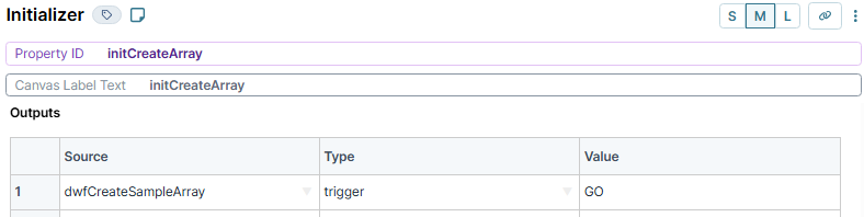 A static image displaying the configuration of the initCreateArray Initializer component in UDesigner.