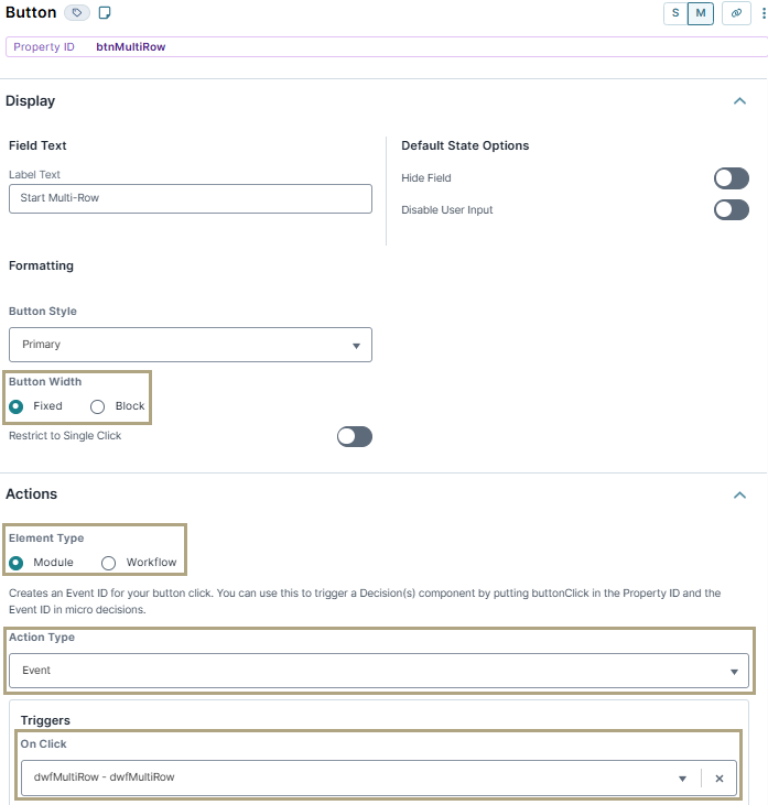 A static image displaying the configuration of the btnMultiRow Button component.