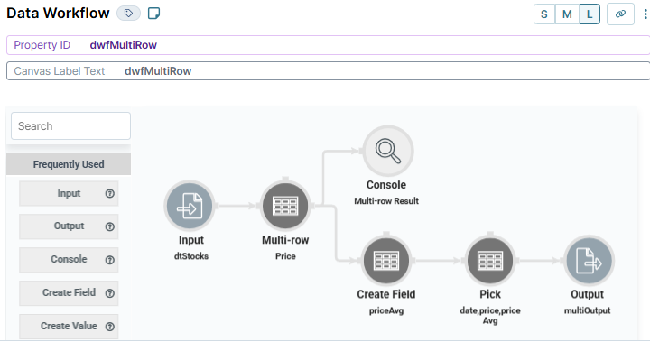 A static image displaying the configuration of the dwfMultiRow Data Workflow.