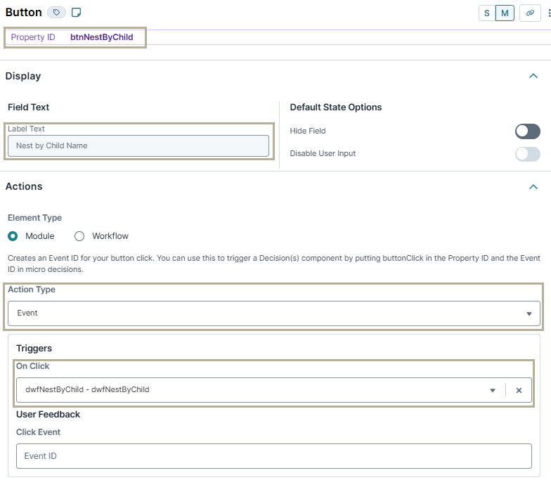 A static image displaying the configuration of the btnNestByChild Button component.