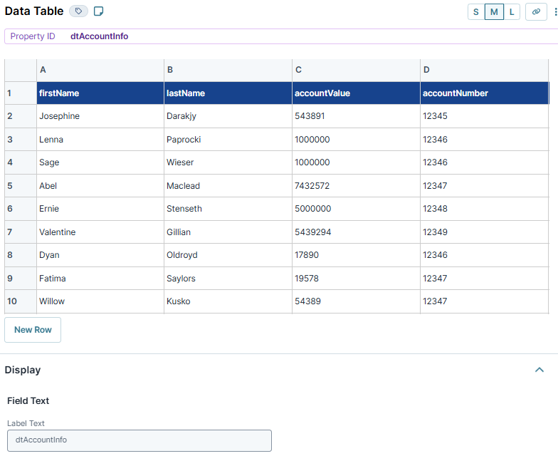 A static image displaying the configuration of the dtAccountInfo Data Table.
