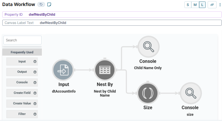 A static image displaying the configuration of the dwfNestByChild Data Workflow.