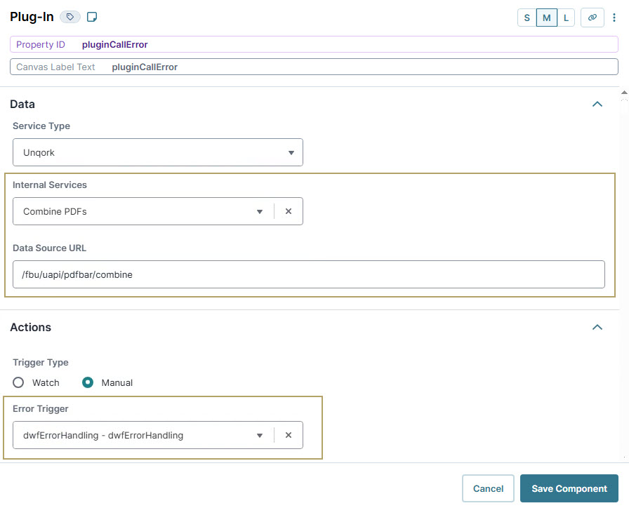 A static image displaying the Plugin component settings for Unqork plugin with error handling and PDF combining options.