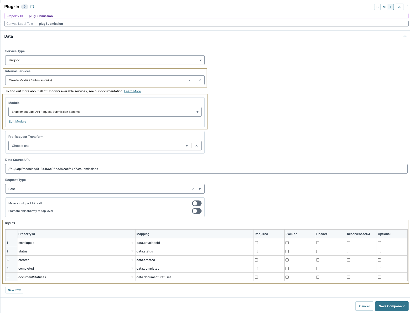 Form for API request submission with various input fields and options displayed.