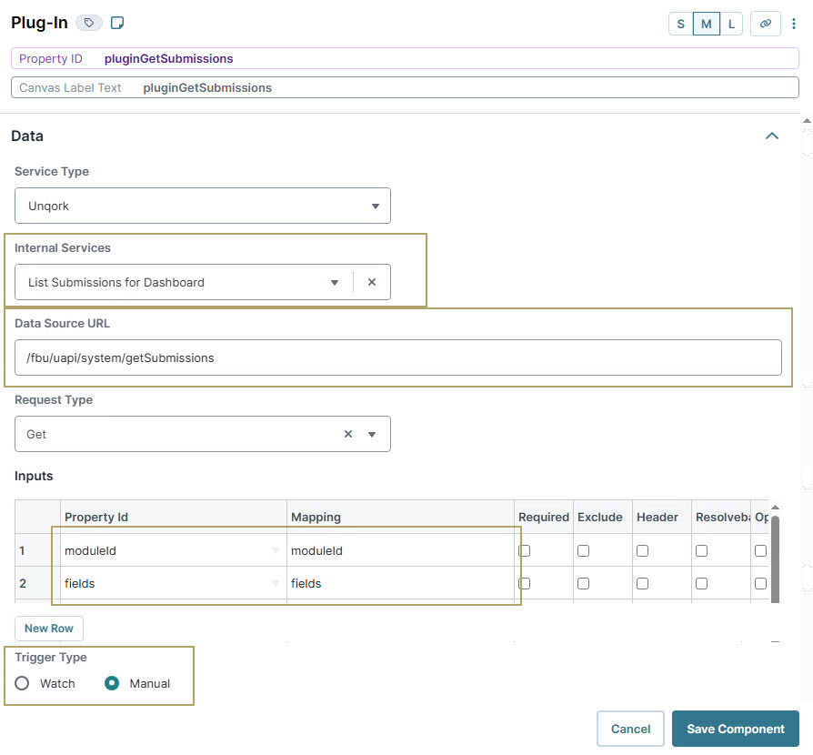 A static image displaying the Configuration settings for a plugin including data source URL and request type.