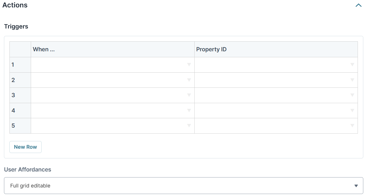 A static image displaying the Actions Panel of the Uniform Grid component in the UDesigner.