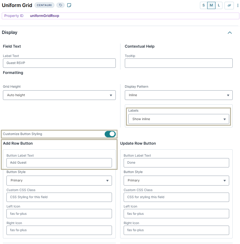 A static image displaying the configuration of the uniformGridRsvp Uniform Grid component in the UDesigner.